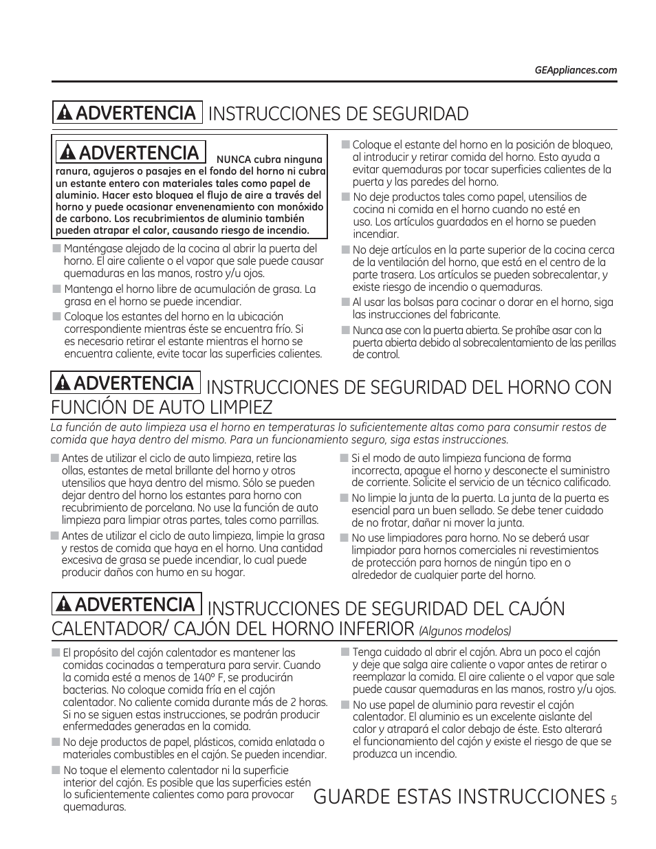 Instrucciones de seguridad del horno con, Funcion de auto limpiez, Instrucciones de seguridad del cajon | Instrucciones de seguridad, A advertencia, Guarde estas instrucciones | GE CGS990SETSS User Manual | Page 61 / 114