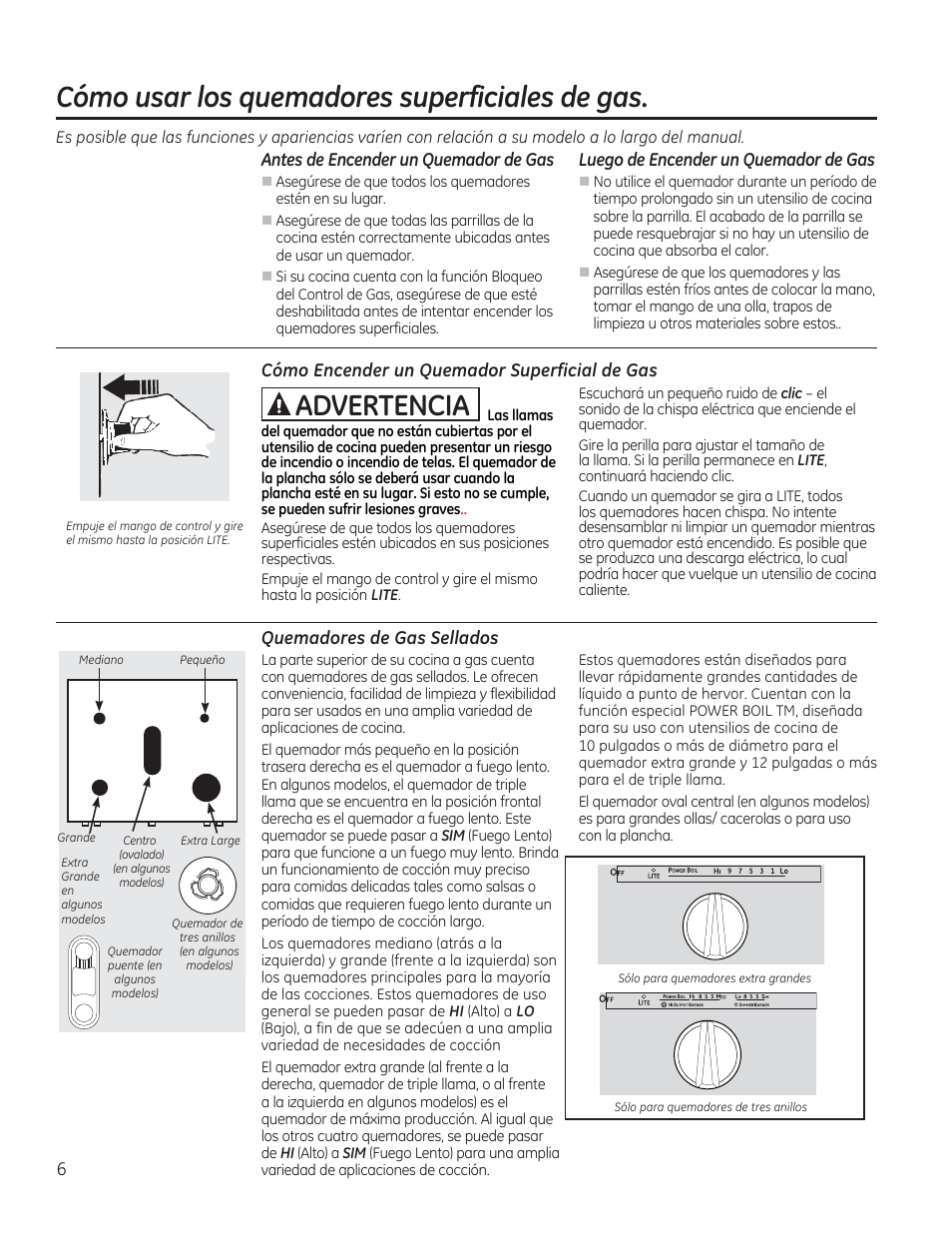 Cómo usar los quemadores superficiales de gas, Antes de encender un quemador de gas, Luego de encender un quemador de gas | Cómo encender un quemador superficial de gas, Quemadores de gas sellados, A advertencia | GE CGS990SETSS User Manual | Page 62 / 114