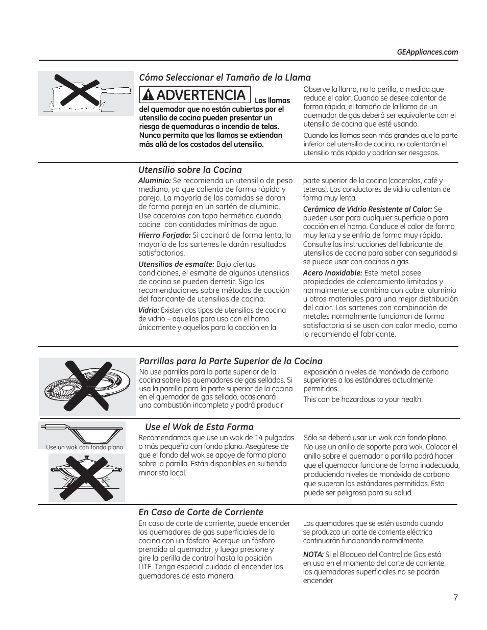 Cómo seleccionar el tamaño de la llama, Parrillas para la parte superior de la cocina, Use el wok de esta forma | En caso de corte de corriente, A advertencia | GE CGS990SETSS User Manual | Page 63 / 114