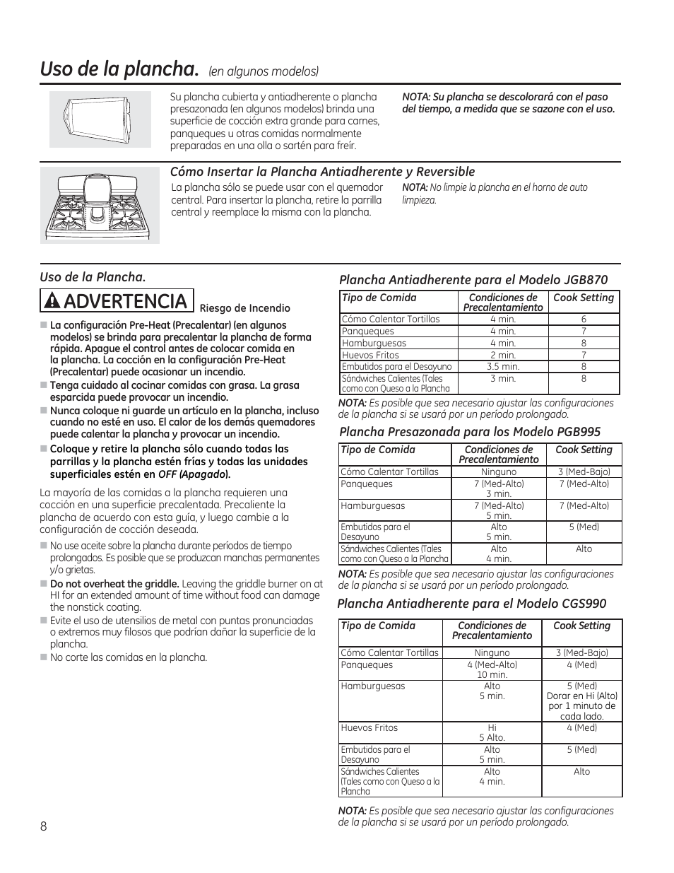 Plancha antiadherente para el modelo jgb870, Plancha presazonada para los modelo pgb995, Plancha antiadherente para el modelo cgs990 | Uso de la plancha, A advertencia | GE CGS990SETSS User Manual | Page 64 / 114