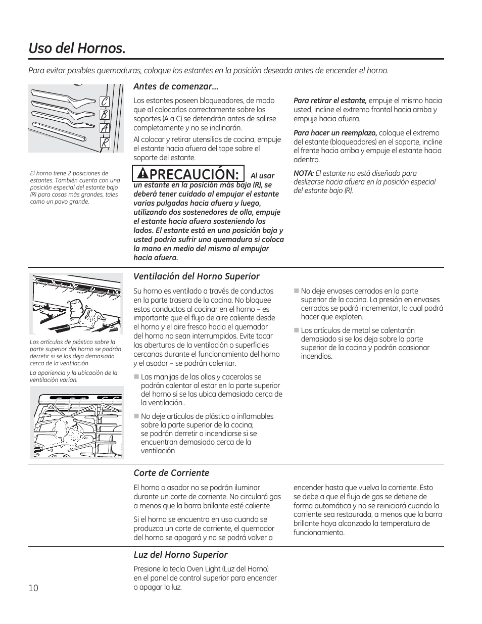 Uso del hornos, Antes de comenzar, Ventilación del horno superior | Corte de corriente, Luz del horno superior, Corte de corriente ,14, A precaución | GE CGS990SETSS User Manual | Page 66 / 114