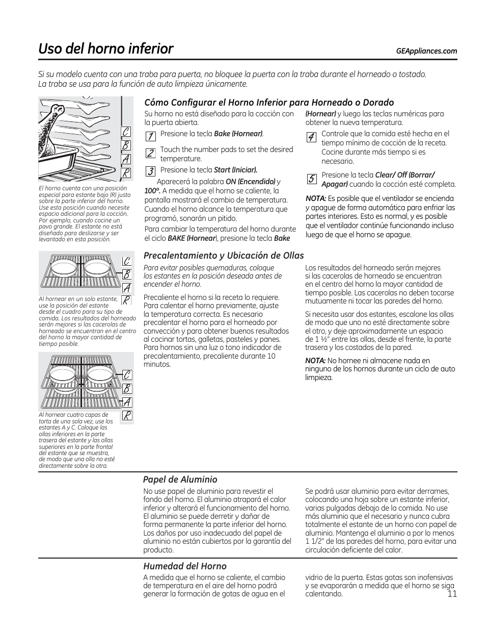 Precalentamiento y ubicación de ollas, Papel de aluminio, Humedad del horno | Uso del horno inferior | GE CGS990SETSS User Manual | Page 67 / 114