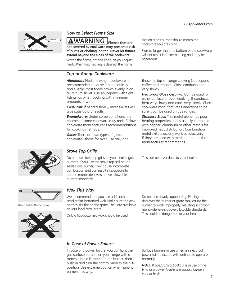 How to select flame size, Top-of-range cookware, Stove top grills | Wok this way, In case of power failure, Awarning | GE CGS990SETSS User Manual | Page 7 / 114