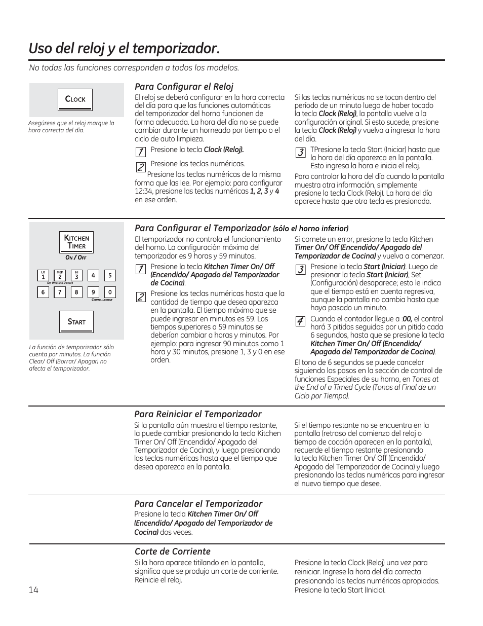 Uso del reloj y el temporízador, Para configurar el reloj, Para reiniciar el temporízador | Para cancelar el temporízador, Corte de corriente, H h e | GE CGS990SETSS User Manual | Page 70 / 114