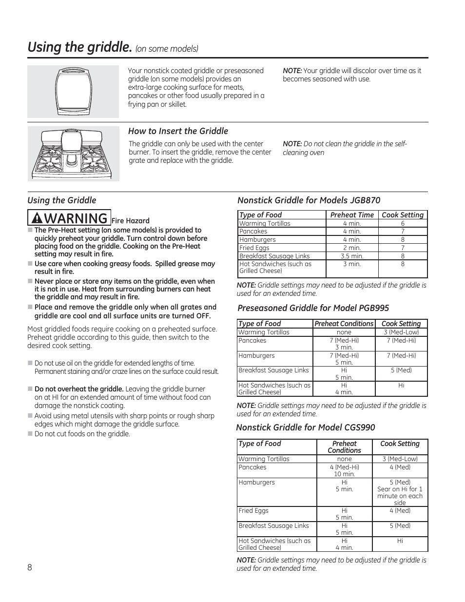 Using the griddle. (on some models), How to insert the griddle, Nonstick griddle for models jgb870 | Preseasoned griddle for model pgb995, Nonstick griddle for model cgs990, Using the griddle, Awarning | GE CGS990SETSS User Manual | Page 8 / 114