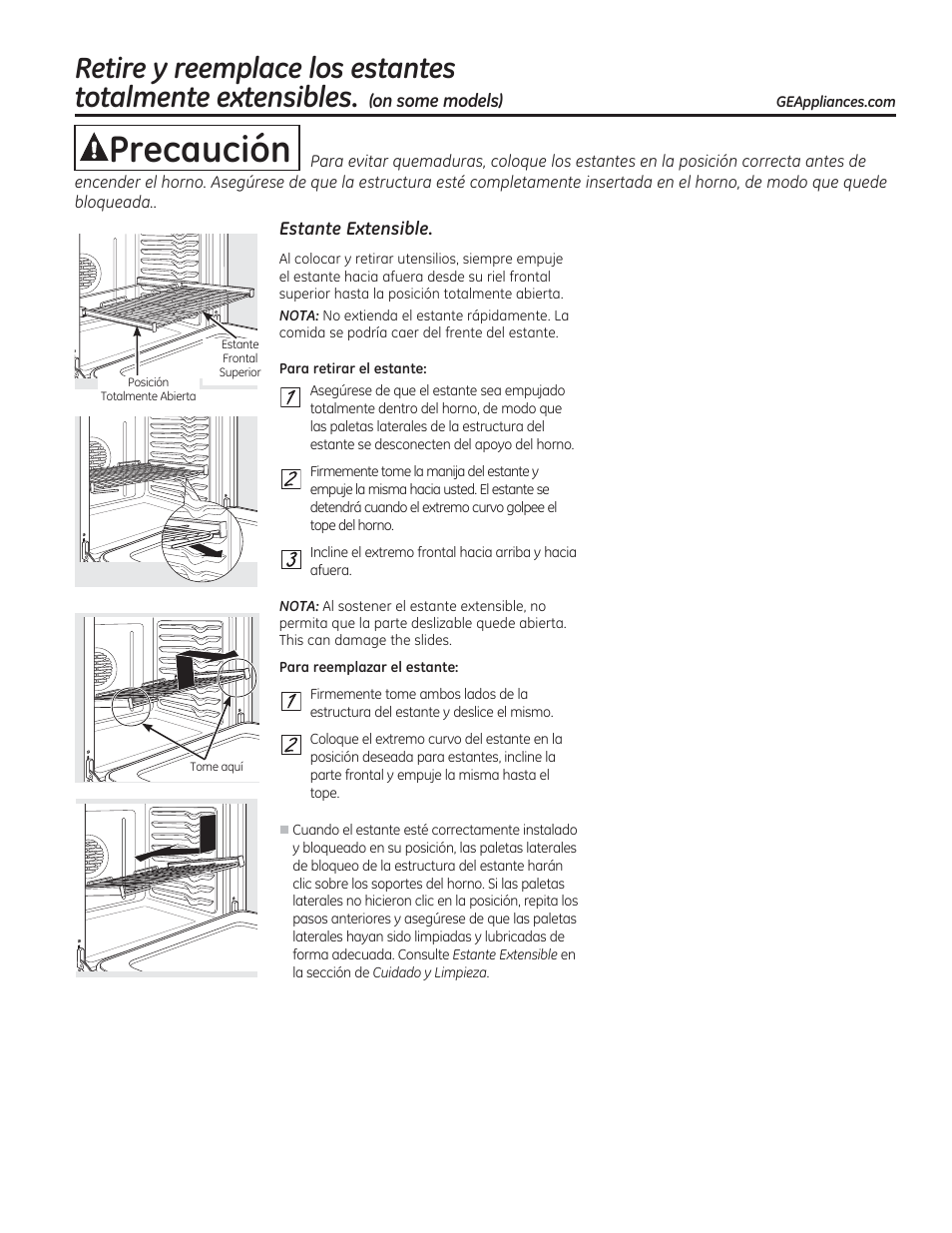 Estante extensible, Aprecaución, Cuidado y limpieza | On some models) | GE CGS990SETSS User Manual | Page 81 / 114