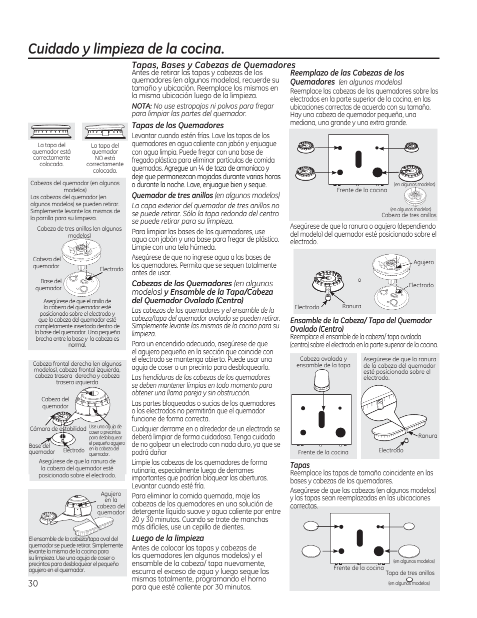 Tapas, bases y cabezas de quemadores, Cuidado y limpieza de la cocina, Quemadores | Reemplazo de las cabezas de los, Tapas de los quemadores, Cabezas de los quemadores, Luego de la limpieza | GE CGS990SETSS User Manual | Page 86 / 114