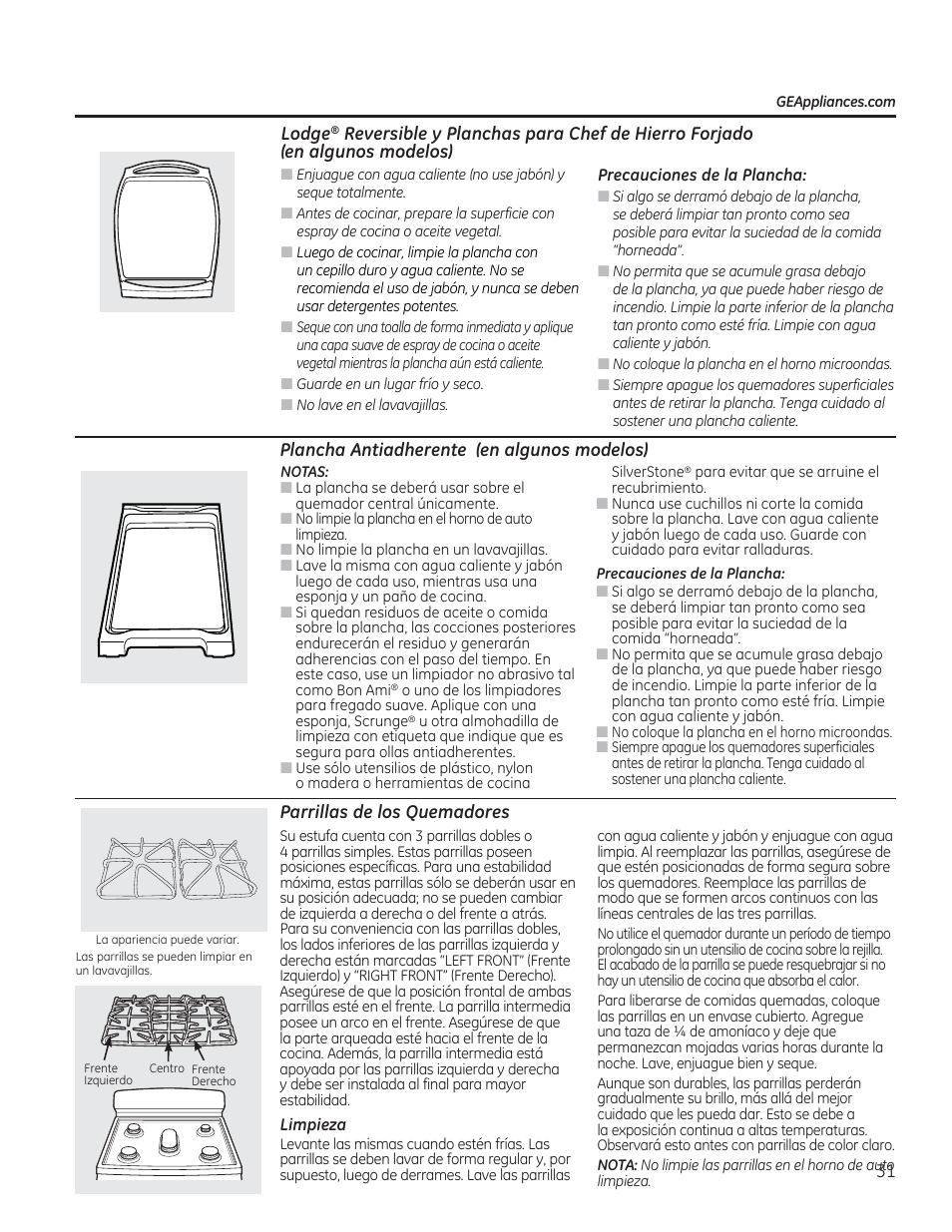 Plancha antiadherente (en algunos, Parrillas de los quemadores | GE CGS990SETSS User Manual | Page 87 / 114