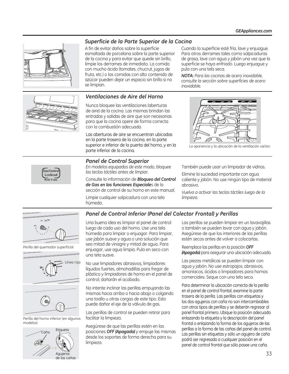 Superficie de la parte superior de la, Ventilaciones de aire del horno, Panel de control superior | Panel de control y perillas | GE CGS990SETSS User Manual | Page 89 / 114