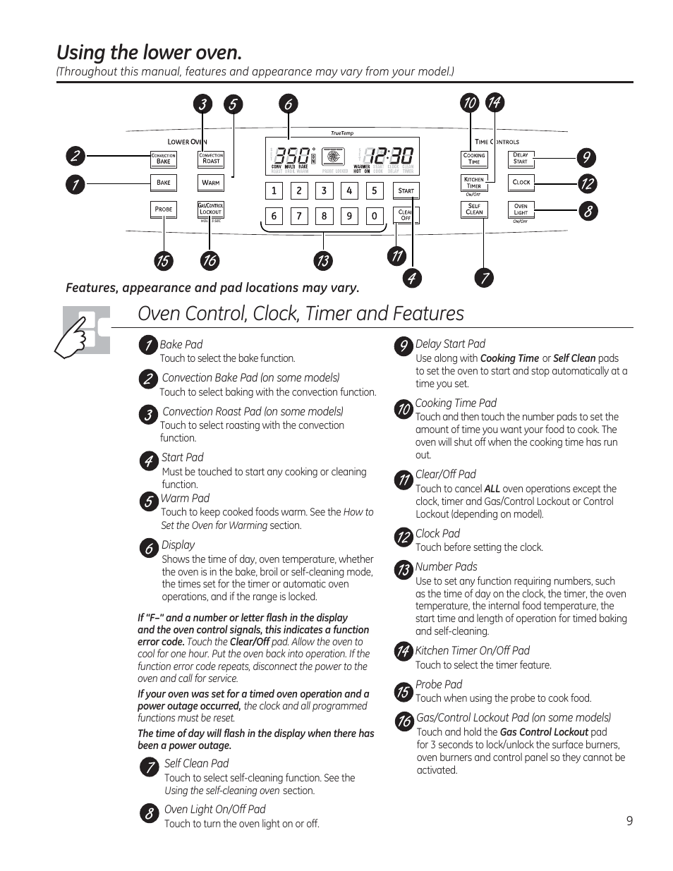Using the lower oven, Oven control, clock, timer and features, Oe o | GE CGS990SETSS User Manual | Page 9 / 114
