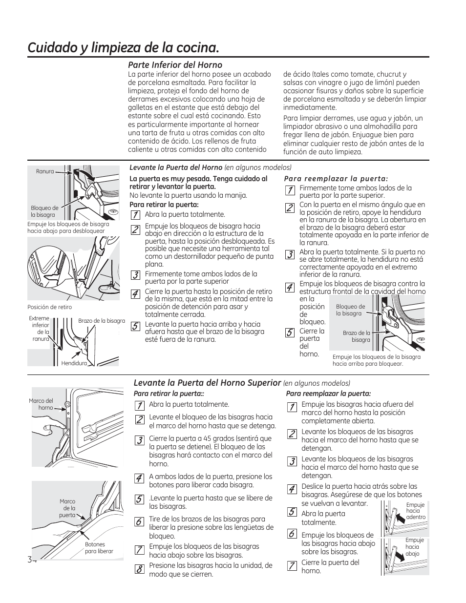 Parte inferior del horno, Levante la puerta del horno superior, Cuidado y limpieza de la cocina | GE CGS990SETSS User Manual | Page 90 / 114