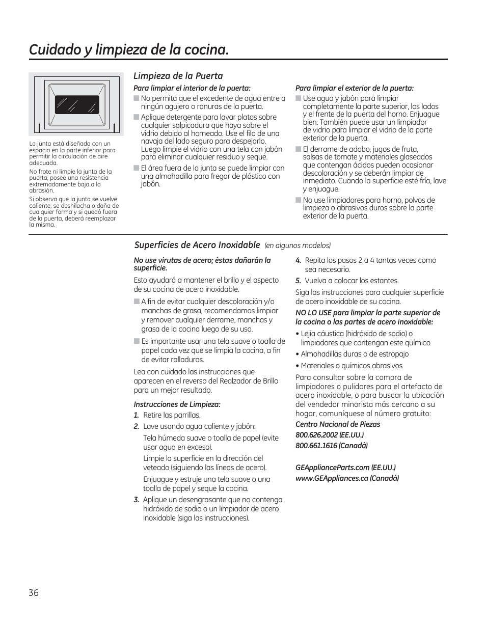 Limpieza de la puerta, Cuidado y limpieza de la cocina | GE CGS990SETSS User Manual | Page 92 / 114