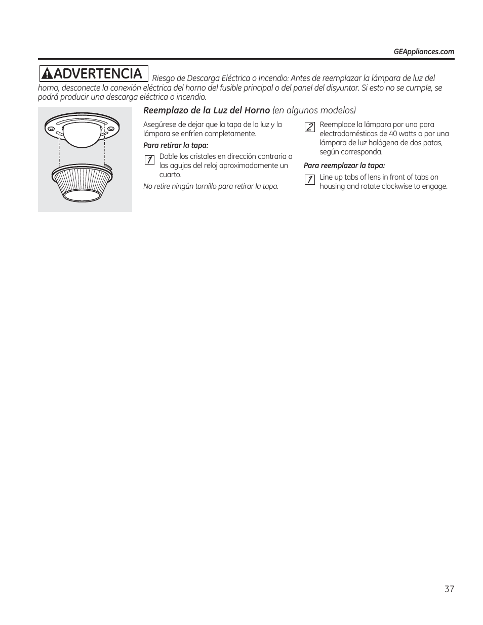 Reemplazo de la luz del horno (en algunos modelos), Advertencia | GE CGS990SETSS User Manual | Page 93 / 114