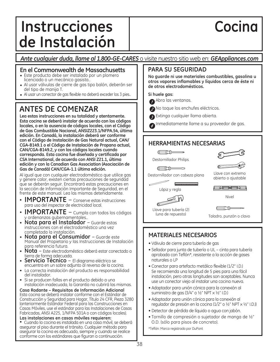 Para su seguridad, Materiales necesarios, Instrucciones cocina de instalación | Antes de comenzar, Importante | GE CGS990SETSS User Manual | Page 94 / 114