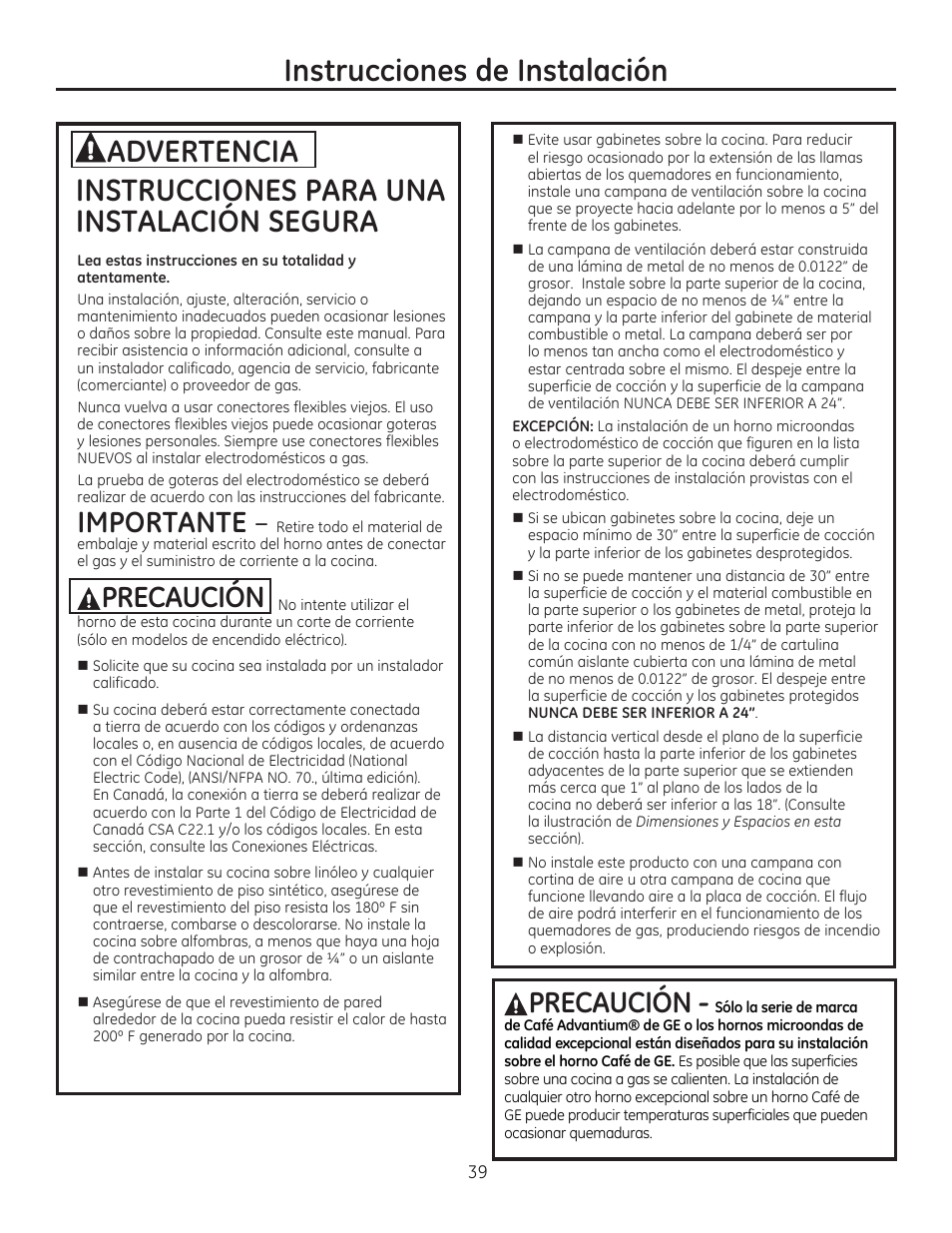 Instrucciones de instalación, Instrucciones para una instalación segura, Importante | Aprecaucion, Advertencia | GE CGS990SETSS User Manual | Page 95 / 114