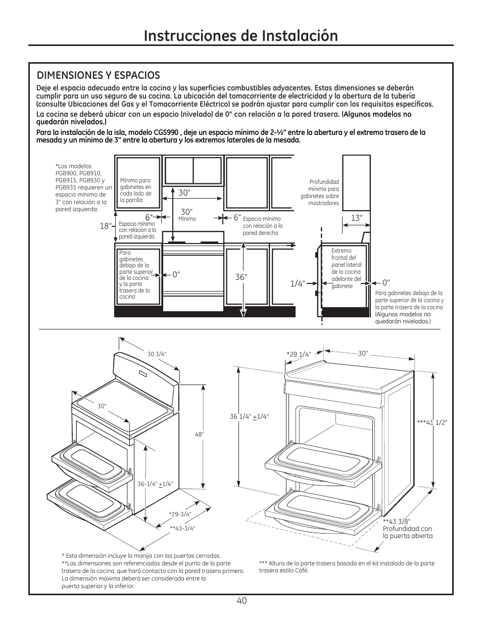 Dimensiones y espacios, Dimensiones y espacio, Instrucciones de instalación | GE CGS990SETSS User Manual | Page 96 / 114