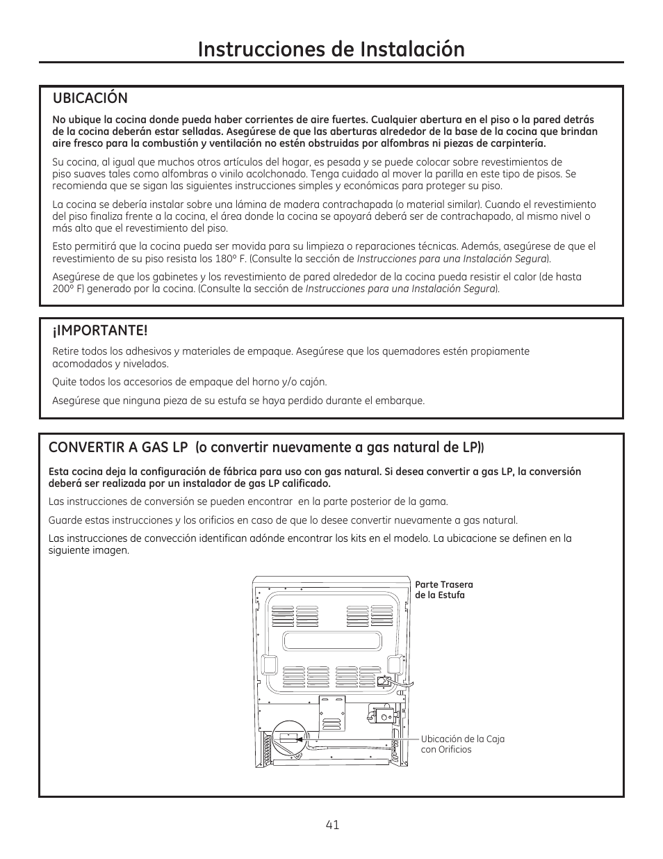 Ubicacion, Importante, Instrucciones de instalación | GE CGS990SETSS User Manual | Page 97 / 114