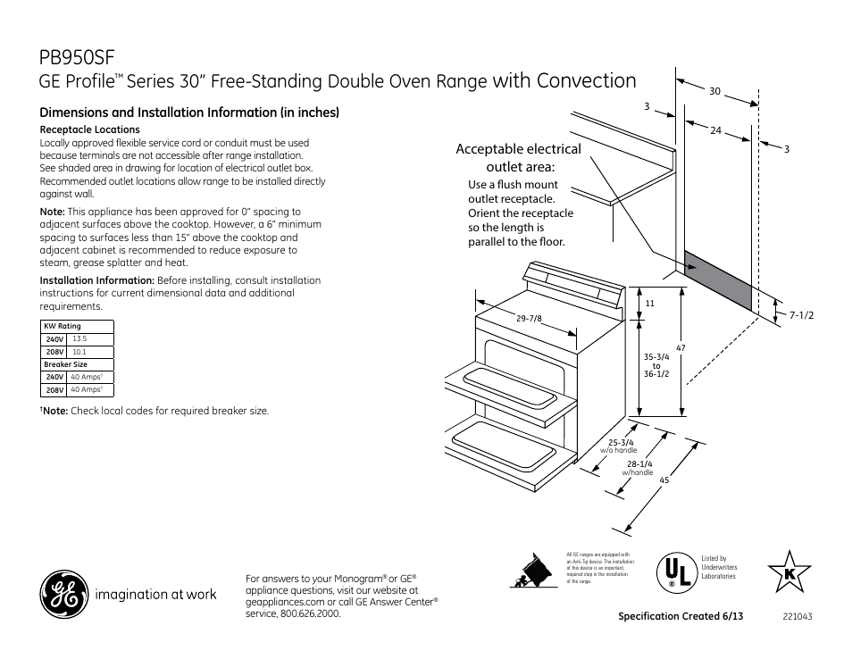 GE PB950SFSS User Manual | 2 pages