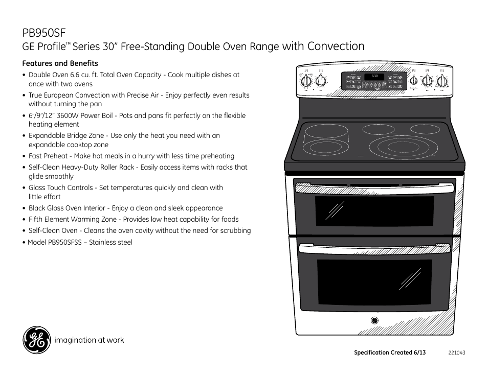 Pb950sf, With convection, Ge profile | Series 30” free-standing double oven range | GE PB950SFSS User Manual | Page 2 / 2