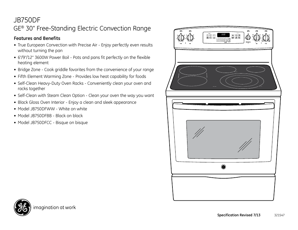 Jb750df, 30" free-standing electric convection range | GE JB750DFCC User Manual | Page 2 / 2