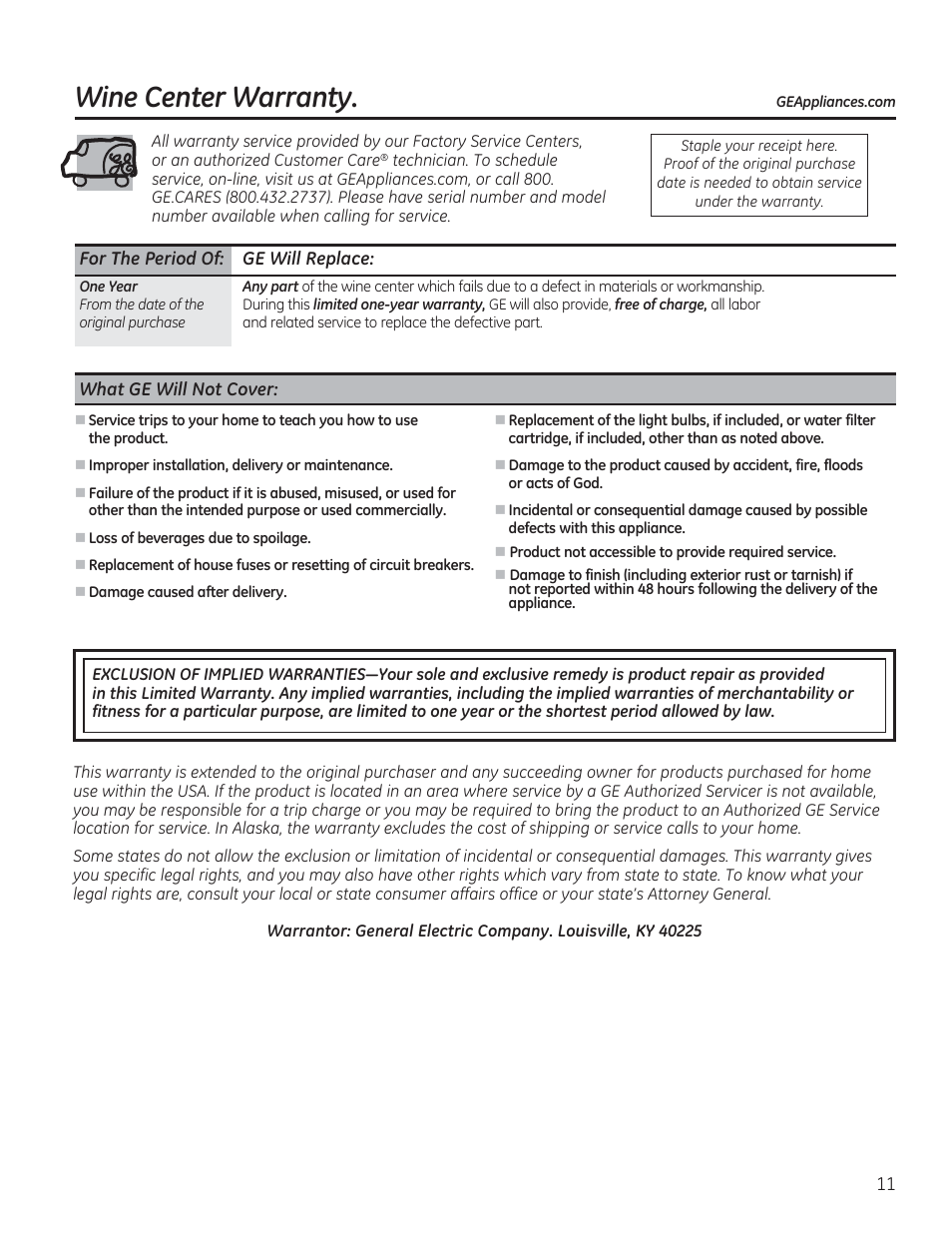 Wine center warranty | GE GWS04HAESS User Manual | Page 11 / 24