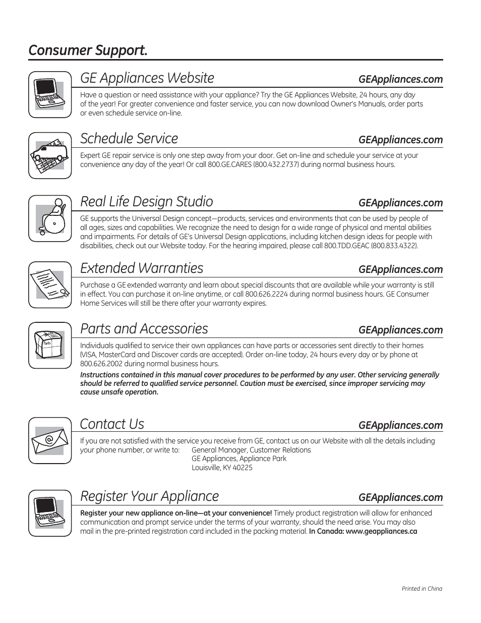 Consumer support. ge appliances website, Schedule service, Real life design studio | Extended warranties, Parts and accessories, Contact us, Register your appliance | GE GWS04HAESS User Manual | Page 12 / 24