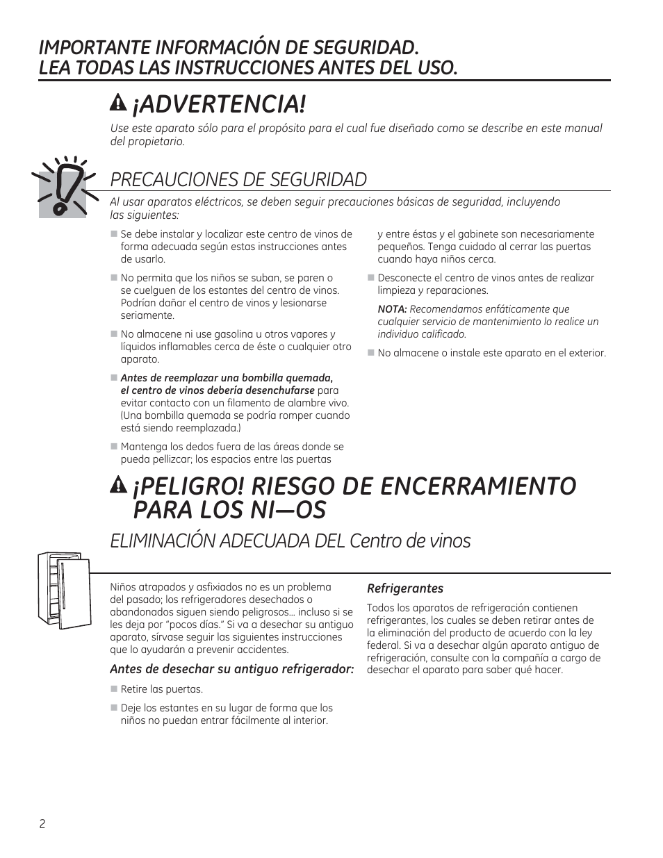 Advertencia, Eliminación adecuada del centro de vinos, Precauciones de seguridad | GE GWS04HAESS User Manual | Page 14 / 24