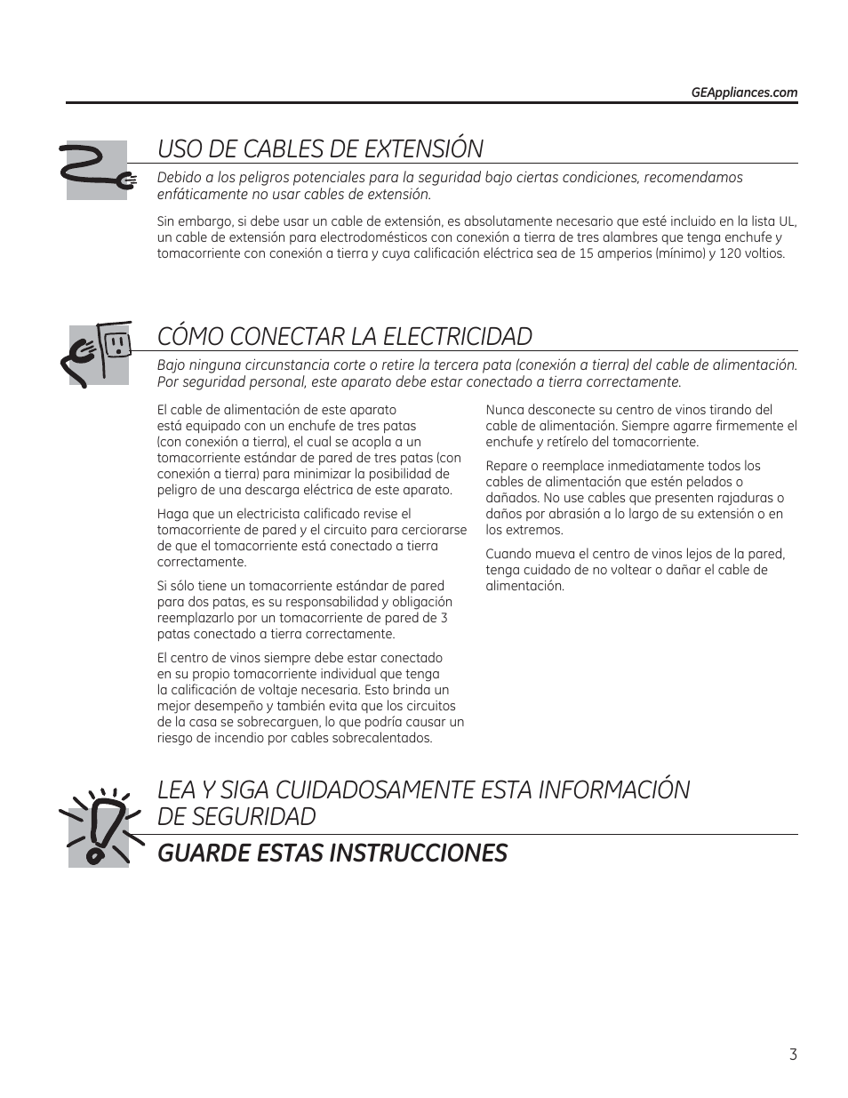 Uso de cables de extensión, Cómo conectar la electricidad | GE GWS04HAESS User Manual | Page 15 / 24