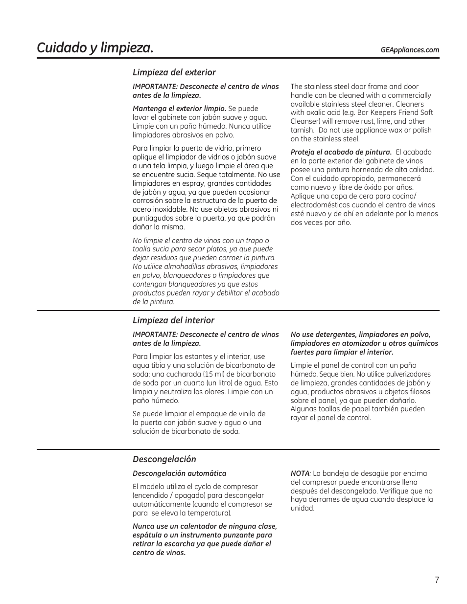 Cuidado y limpieza | GE GWS04HAESS User Manual | Page 19 / 24