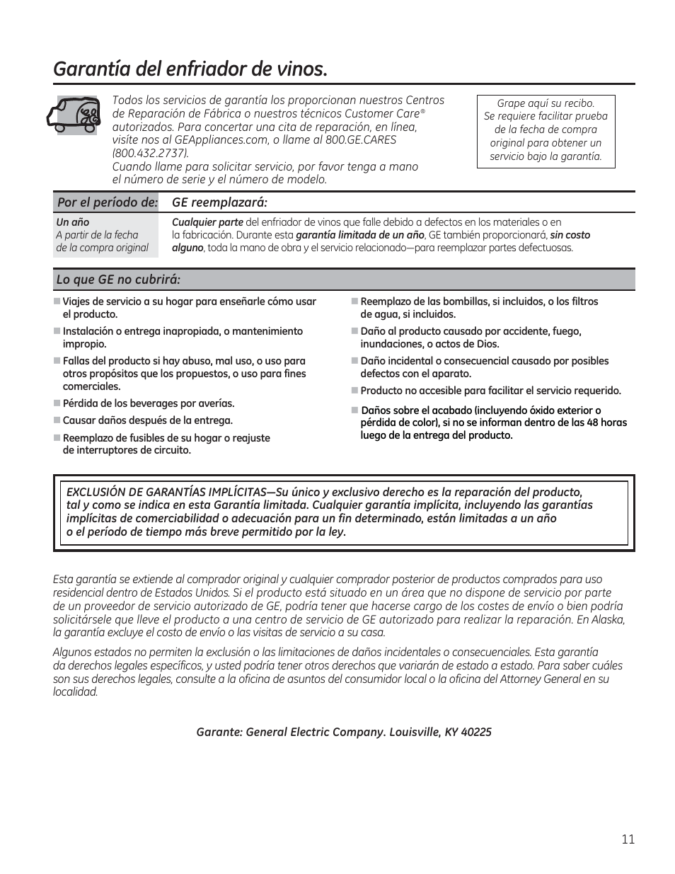 Garantía del enfriador de vinos | GE GWS04HAESS User Manual | Page 23 / 24