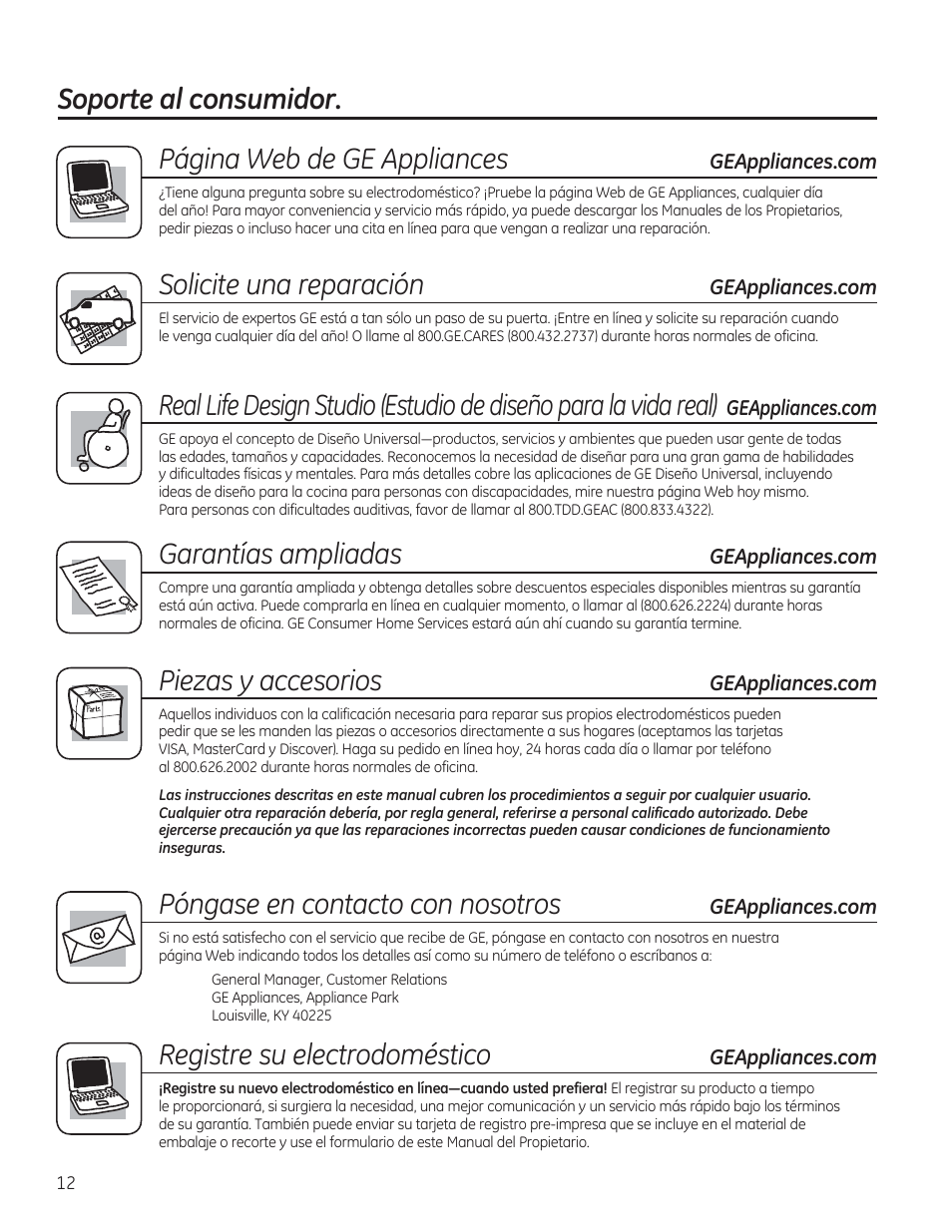 Página web de ge appliances, Solicite una reparación, Garantías ampliadas | Piezas y accesorios, Póngase en contacto con nosotros, Registre su electrodoméstico | GE GWS04HAESS User Manual | Page 24 / 24