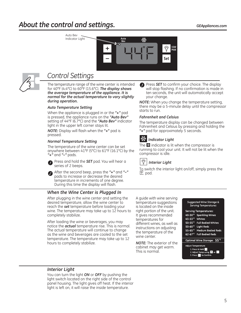 About the control and settings, Control settings | GE GWS04HAESS User Manual | Page 5 / 24