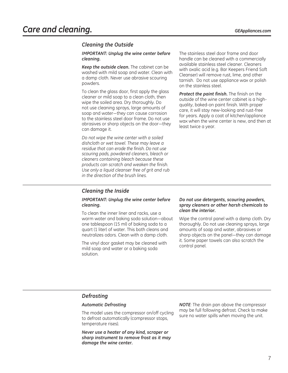 Care and cleaning | GE GWS04HAESS User Manual | Page 7 / 24