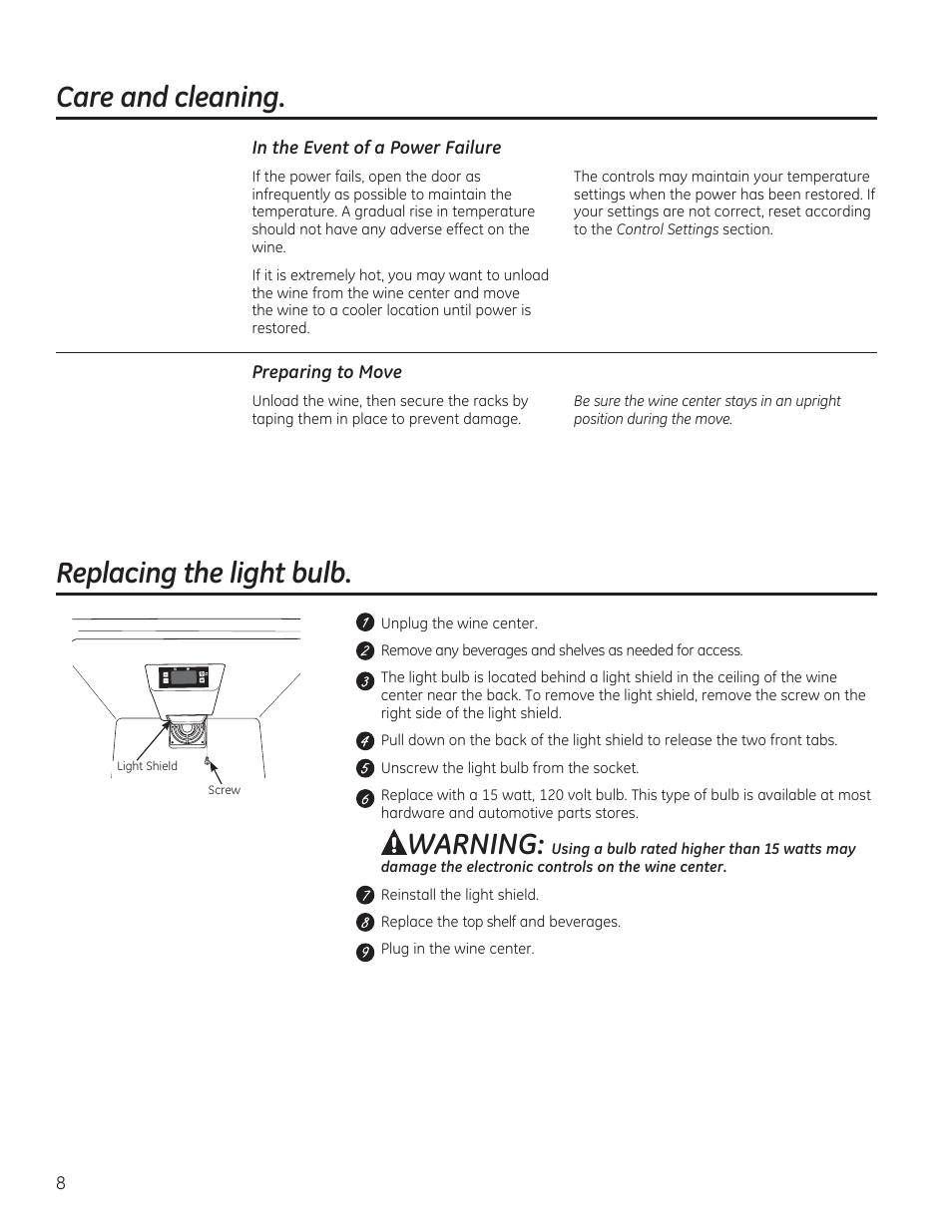 Care and cleaning, Replacing the light bulb, Warning | GE GWS04HAESS User Manual | Page 8 / 24