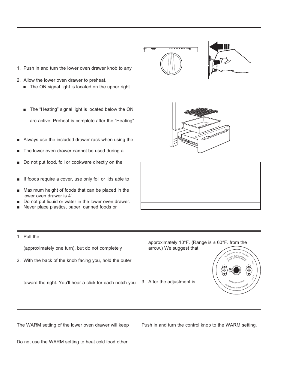 Using the oven, Adjust the lower oven thermostat - do it yourself, Using the lower oven drawer | When using the lower oven drawer warm setting, On some models) | GE C2S985SETSS User Manual | Page 19 / 64