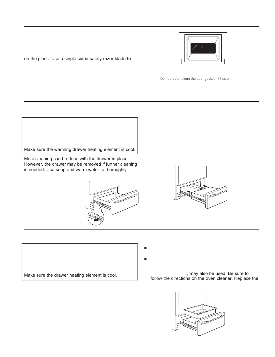 Care and cle aning: cleaning the door and draw er, Cleaning the door and drawer, Removable drawer (lower oven drawer models only) | Removable lower oven drawer pan | GE C2S985SETSS User Manual | Page 26 / 64