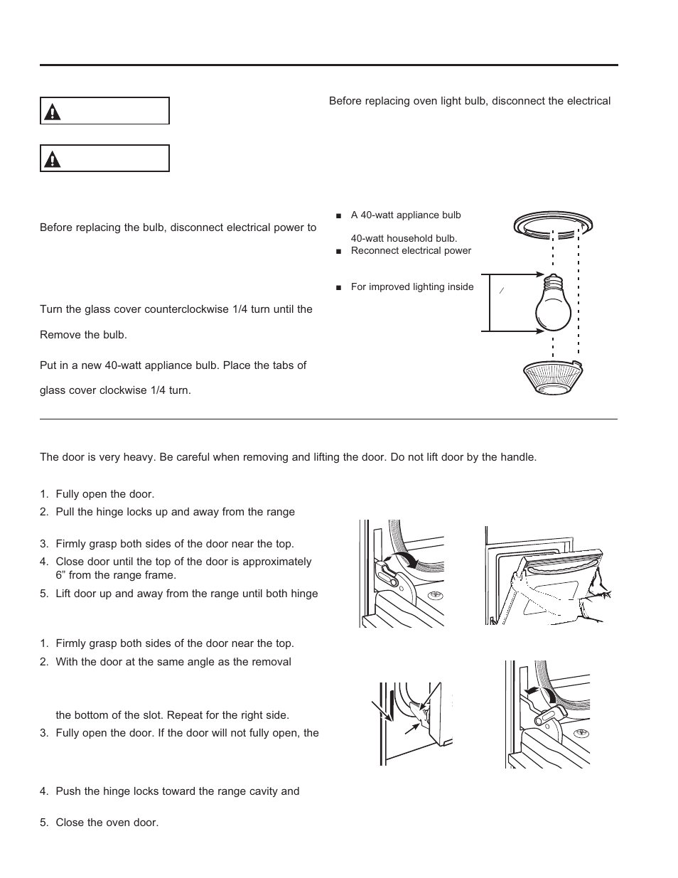 Care and cle aning: maintenance, Maintenance, Warning | Caution, Oven light replacement, Lift-off oven door | GE C2S985SETSS User Manual | Page 27 / 64