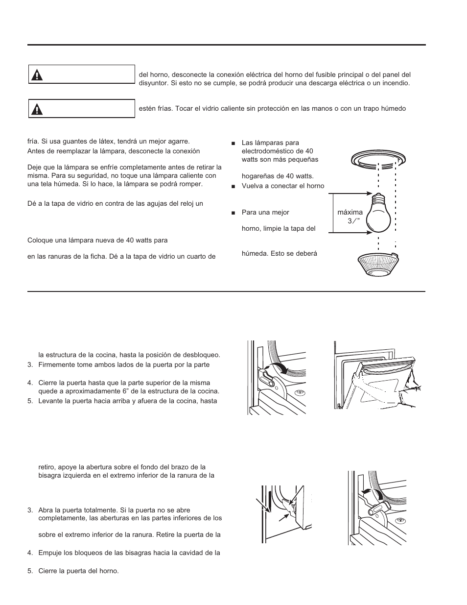 Cuid ado y limpieza : mantenimiento, Mantenimiento, Advertencia precaución | Puerta del horno desmontable | GE C2S985SETSS User Manual | Page 59 / 64
