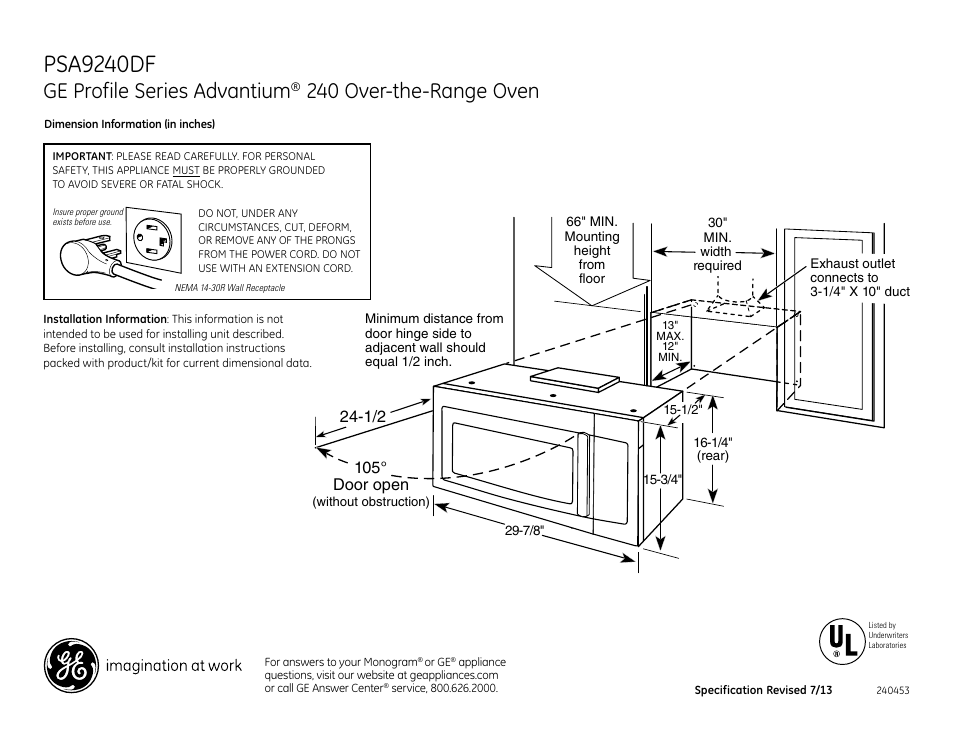 GE PSA9240DFWW User Manual | 3 pages