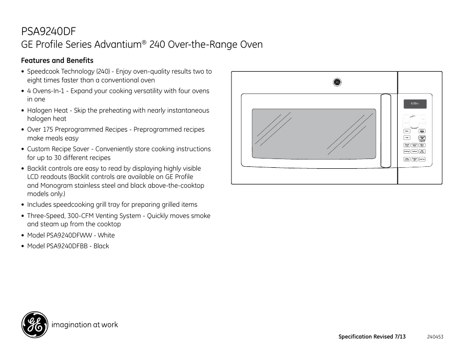 Psa9240df, Ge profile series advantium, 240 over-the-range oven | GE PSA9240DFWW User Manual | Page 3 / 3