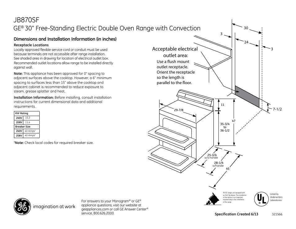 GE JB870SFSS User Manual | 2 pages