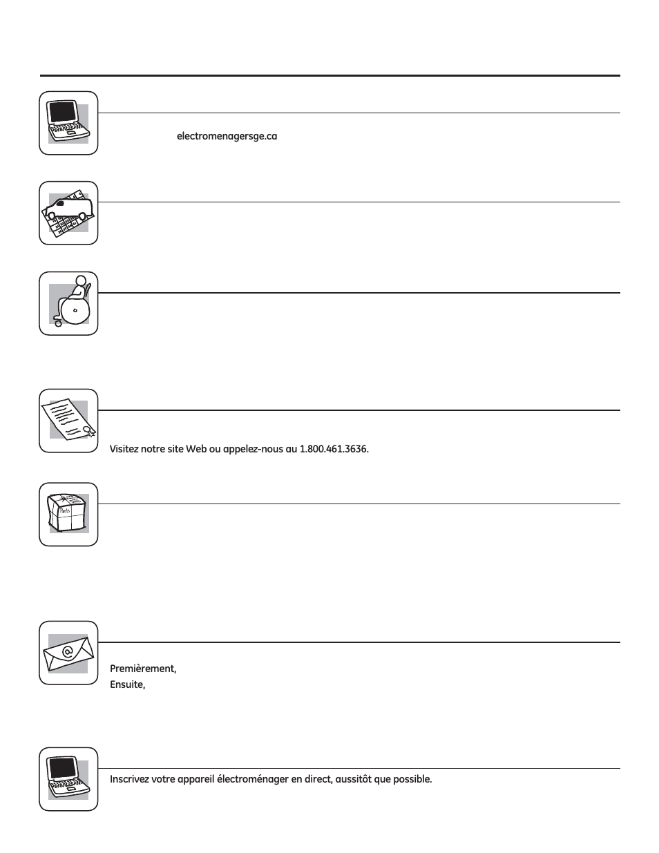 Service de réparations, Studio de conception réaliste, Prolongation de garantie | Pièces et accessoires, Contactez-nous, Inscrivez votre appareil électroménager | GE GML04GAEBS User Manual | Page 24 / 40