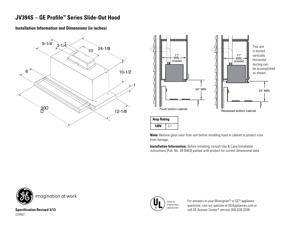 GE JV394SBB User Manual | 2 pages