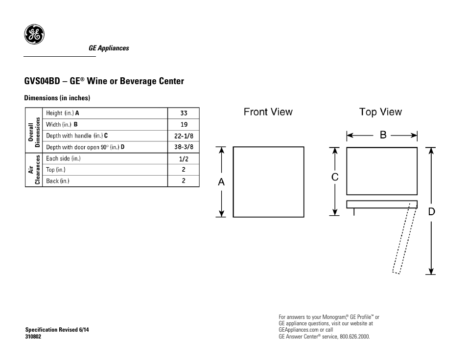 GE GVS04BDWSS User Manual | 2 pages