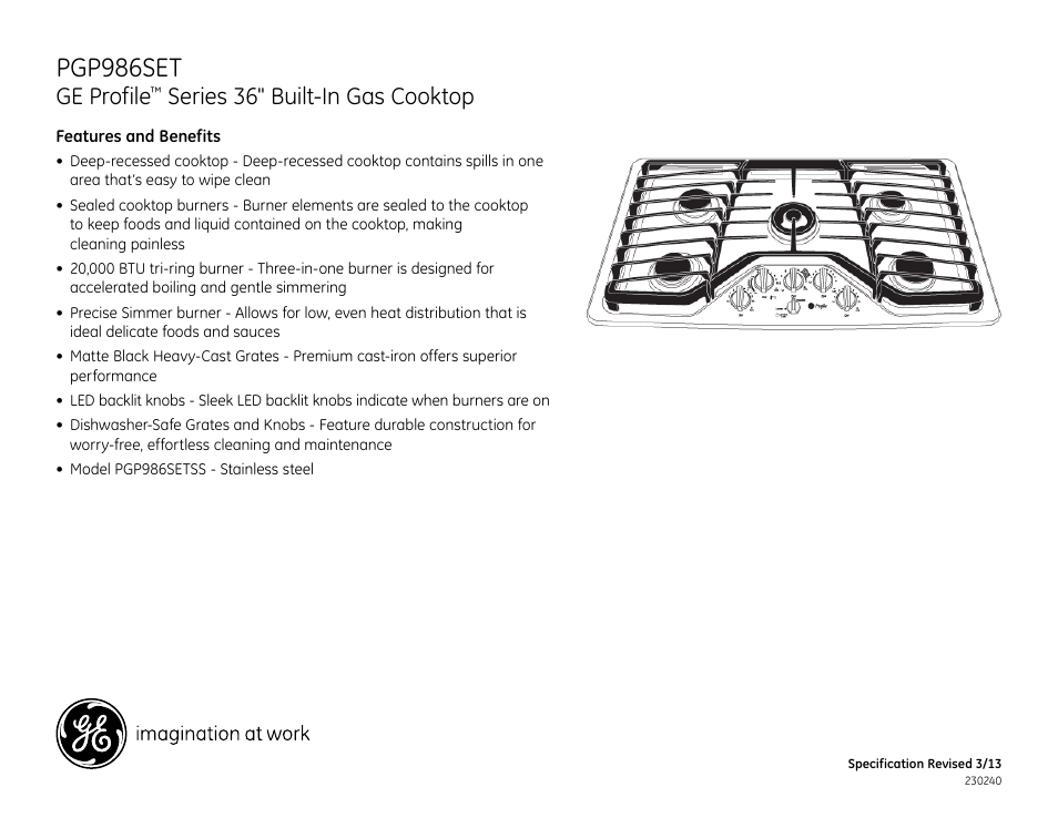 Pgp986set, Ge profile, Series 36" built-in gas cooktop | GE PGP986SETSS User Manual | Page 2 / 2