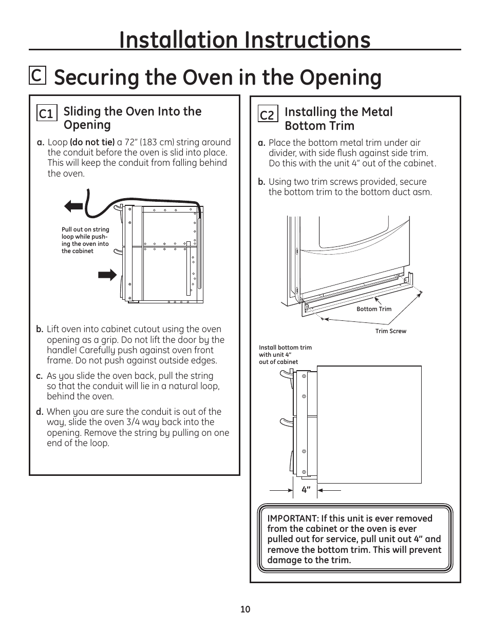 Installation instructions, Securing the oven in the opening | GE PT925DNBB User Manual | Page 10 / 28