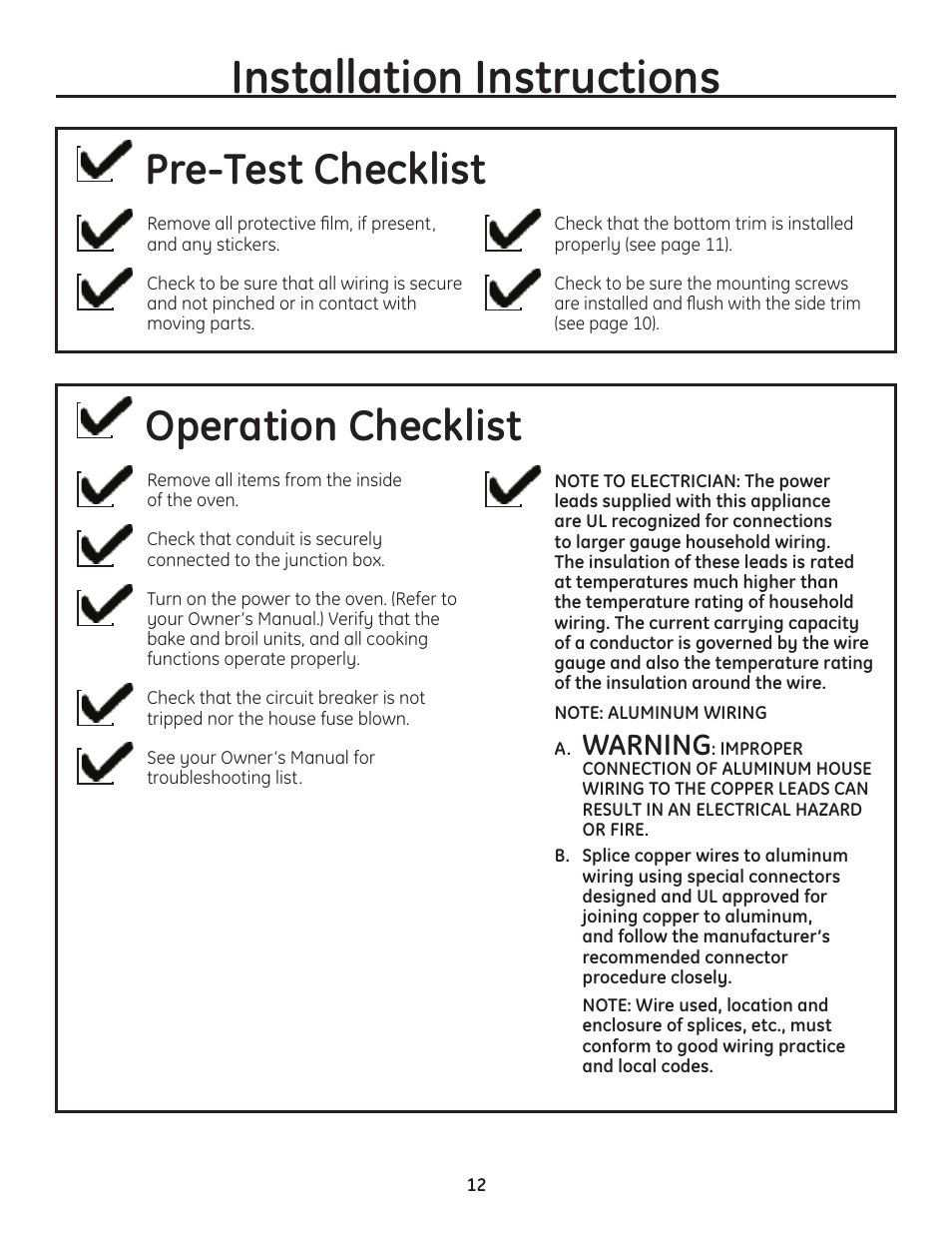 Installation instructions, Pre-test checklist, Operation checklist | Warning | GE PT925DNBB User Manual | Page 12 / 28