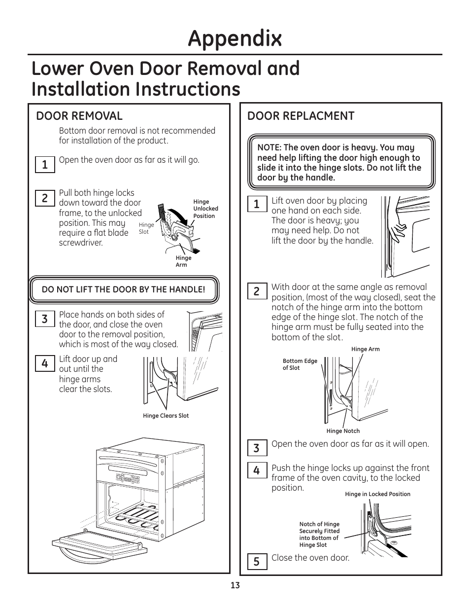 Appendix, Door removal door replacment | GE PT925DNBB User Manual | Page 13 / 28