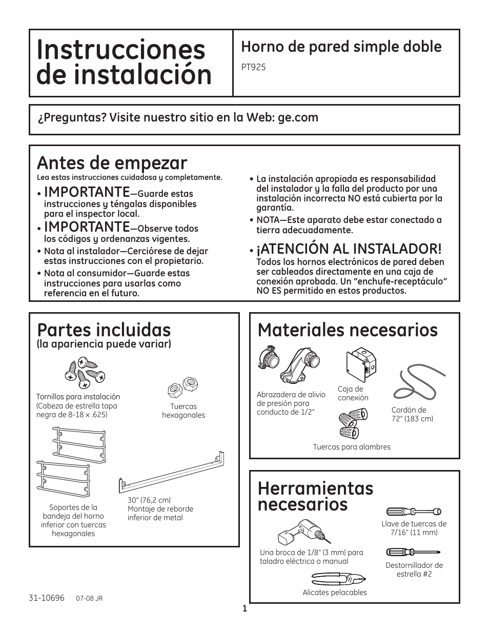 Instrucciones de instalación, Antes de empezar, Herramientas necesarios | Materiales necesarios, Partes incluidas, Horno de pared simple doble, Importante, Atención al instalador | GE PT925DNBB User Manual | Page 15 / 28