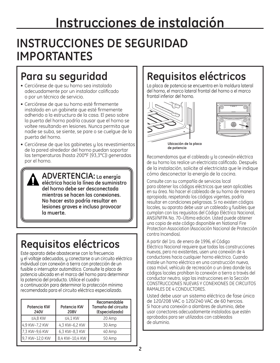 Instrucciones de instalación, Instrucciones de seguridad importantes, Requisitos eléctricos | Para su seguridad, Advertencia | GE PT925DNBB User Manual | Page 16 / 28